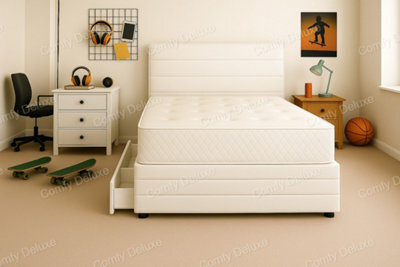 Comfy Deluxe White Plush Divan Bed With Headboard And Footboard 3Ft Single Storage 2  Drawers Left Side Laying In Bed
