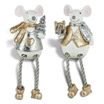Heaven Sends Christmas Set Of Two Silver And Gold Sitting Mice Decorations, 16 X 4 Cm - Pair