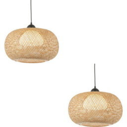 Loops 2 Pack Hanging Ceiling Pendant Light - Natural Bamboo White Pc & Matt Black - 10W Led E27 - thumbnail 1