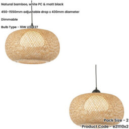 Loops 2 Pack Hanging Ceiling Pendant Light - Natural Bamboo White Pc & Matt Black - 10W Led E27 - thumbnail 2