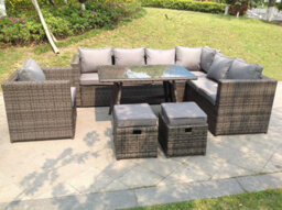 Fimous 9 Seater Grey Rattan Corner Sofa Set Dining Table Chair Foot Rest Garden Furniture Outdoor For Balcony
