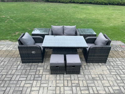 Fimous 6 Seater Rattan Outdoor Furniture Garden Dining Set Patio Height Adjustable Rising Lifting Table Love Sofa Chair - image 1