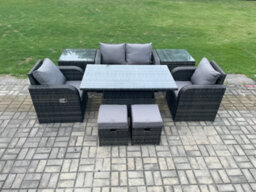 Fimous 6 Seater Rattan Outdoor Furniture Garden Dining Set Patio Height Adjustable Rising Lifting Table Love Sofa Chair - thumbnail 2