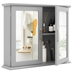 Costway Wall Mounted Bathroom Mirror Cabinet Wooden Storage Cupboard W/ Double Doors - thumbnail 2