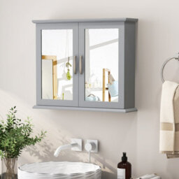 Costway Wall Mounted Bathroom Mirror Cabinet Wooden Storage Cupboard W/ Double Doors - thumbnail 4