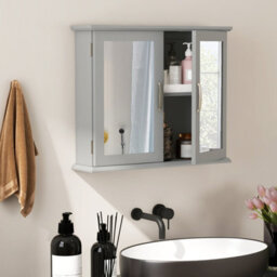 Costway Wall Mounted Bathroom Mirror Cabinet Wooden Storage Cupboard W/ Double Doors - thumbnail 1