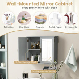 Costway Wall Mounted Bathroom Mirror Cabinet Wooden Storage Cupboard W/ Double Doors - thumbnail 8