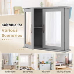 Costway Wall Mounted Bathroom Mirror Cabinet Wooden Storage Cupboard W/ Double Doors - thumbnail 9