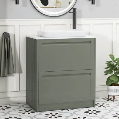 Royal Bathrooms Royal Bathroom Elmore 700mm Matt Green Freestanding Bathroom Vanity Unit 2 Drawer Plain White Worktop With Qubix Basin - image 1