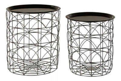 Orsina Set Of 2 Black Basket Side Tables, Nest Of Side Tables With Black Tops, Wireframe End Tables For Living Room - image 1