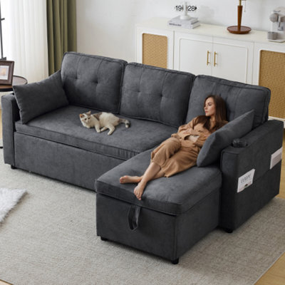 3-In-1 Convertible Sofa Bed With Internal Storage Chaise, L Shaped Sleeper Sofa Couches With Cup Holders, Grey - image 1