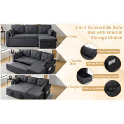 3-In-1 Convertible Sofa Bed With Internal Storage Chaise, L Shaped Sleeper Sofa Couches With Cup Holders, Grey - thumbnail 5