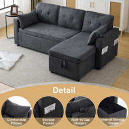 3-In-1 Convertible Sofa Bed With Internal Storage Chaise, L Shaped Sleeper Sofa Couches With Cup Holders, Grey - thumbnail 4