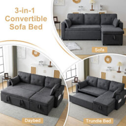 3-In-1 Convertible Sofa Bed With Internal Storage Chaise, L Shaped Sleeper Sofa Couches With Cup Holders, Grey - thumbnail 3