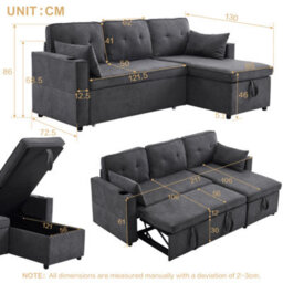 3-In-1 Convertible Sofa Bed With Internal Storage Chaise, L Shaped Sleeper Sofa Couches With Cup Holders, Grey - thumbnail 2