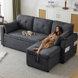 3-In-1 Convertible Sofa Bed With Internal Storage Chaise, L Shaped Sleeper Sofa Couches With Cup Holders, Grey - thumbnail 1