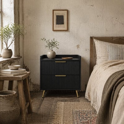 Wyld Haus Vevele Black 2-Drawer Ribbed Bedside Table With Gold Accents, L50 X D40 X H50Cm - image 1