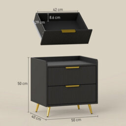 Wyld Haus Vevele Black 2-Drawer Ribbed Bedside Table With Gold Accents, L50 X D40 X H50Cm - thumbnail 3