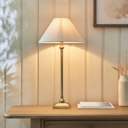 Luminosa Lighting Luminosa Lille Table Lamp With Round Tapered Shade Antique Brass Plate & Natural Faux Linen B22 - thumbnail 2