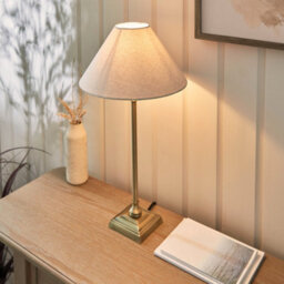 Luminosa Lighting Luminosa Lille Table Lamp With Round Tapered Shade Antique Brass Plate & Natural Faux Linen B22 - thumbnail 3