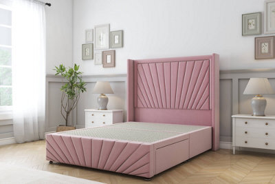 "Sloomy Rutherford Pink Plush Divan Bed2 Drawers Foot-End - 54"" Wingback Headboard & 12""footboard 4'6 Double" - image 1