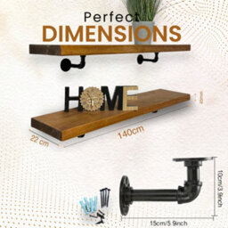 MKGT Industrial Pipe Bracket Wooden Floating Shelves, Rustic Wall Decor (Tudor Oak, 140Cm) - thumbnail 3