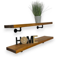 MKGT Industrial Pipe Bracket Wooden Floating Shelves, Rustic Wall Decor (Tudor Oak, 140Cm) - thumbnail 1