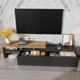Abrihome Modern Tv Unit Stylish Cabinet With Glass Shelves & Integrated Led Lighting, Practical Storage, Black & Wood & Natural - thumbnail 9