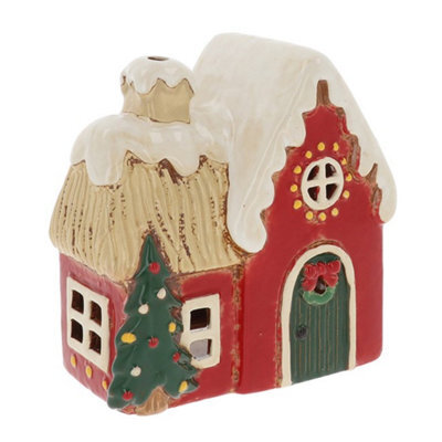 Village Pottery Christmas Round Window House Tea Light Holder - image 1