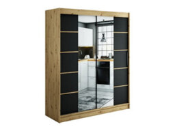 Arte Leto V4 Contemporary 2 Sliding Mirror Door Wardrobe 9 Shelves 2 Rails Black Matt And Oak Effect (H)2000mm (W)1800mm (D)620mm - thumbnail 1