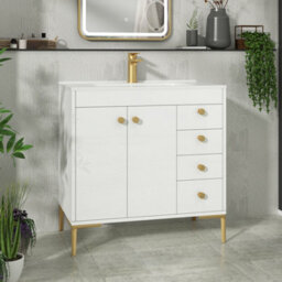 Royal Bathrooms Verona 800mm Gloss White Floor Standing Bathroom Vanity Unit 2 Door, 4 Drawer Cabinet With Ceramic Basin & Brushed Brass Knob