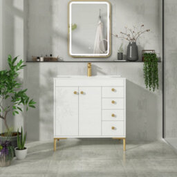 Royal Bathrooms Verona 800mm Gloss White Floor Standing Bathroom Vanity Unit 2 Door, 4 Drawer Cabinet With Ceramic Basin & Brushed Brass Knob - thumbnail 5