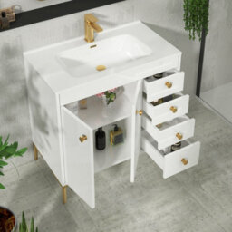 Royal Bathrooms Verona 800mm Gloss White Floor Standing Bathroom Vanity Unit 2 Door, 4 Drawer Cabinet With Ceramic Basin & Brushed Brass Knob - thumbnail 6