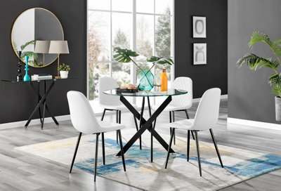 Furniturebox Novara Clear Tempered Glass 100Cm Round Dining Table With Black Starburst Legs & 4 White Corona Faux Leather Chairs - image 1