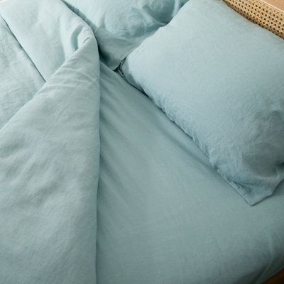 Native Natural Aqua Single 100% Linen Fitted Sheet (90X190Cm) - image 1
