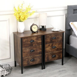 Furniturehmd Set Of 2 Bedside Table With 3 Drawers Wooden Nightstand Rustic Style Storage Side Table - thumbnail 2