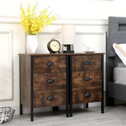 Furniturehmd Set Of 2 Bedside Table With 3 Drawers Wooden Nightstand Rustic Style Storage Side Table - thumbnail 3