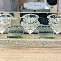 Biznest Tea Light Holder Crystal Diamond Crush Silver Mirrored Glass Candle Holders (With Side Walls)