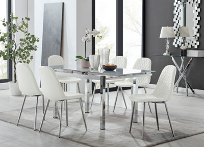 Furniturebox Uk 6 Seater Dining Set - Enna White Glass & Chrome Extendable Dining Table & Chairs - 6 White Leather Corona Chairs - image 1