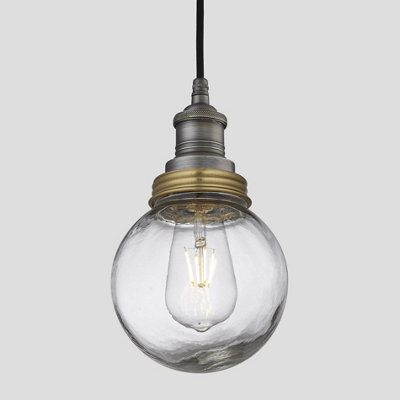 Industville Brooklyn Outdoor & Bathroom Pendant, Pewter Holder, Brass Ring, Globe Glass