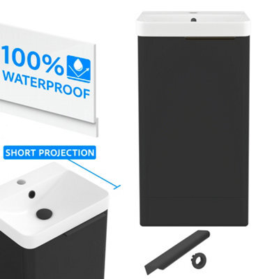 FNX Bathrooms Bathroom Cloakroom Vanity Unit Compact Basin Sink Black 400mm Soft Close Cabinet - Matte Black Handle