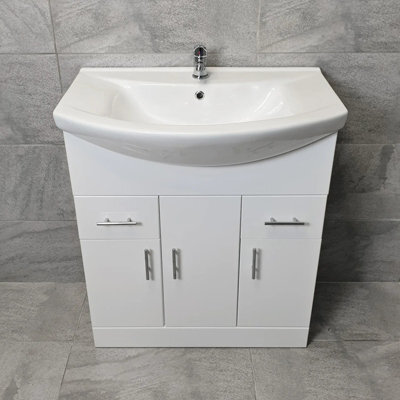 Hydros Vanity Unit 750mm White With Ceramic Basin Bathroom Storage Sink Chrome Handles - image 1