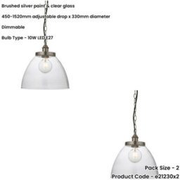 Loops 2 Pack Hanging Ceiling Pendant Light - Brushed Silver Paint & Clear Glass - 10W Led E27 - thumbnail 2