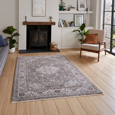 Grey Traditional Abstract Bordered 10mm Thick Rug For Bedroom, Dining Room, Easy To Clean Abstract Rug-80Cm X 300Cm (Runner) - image 1