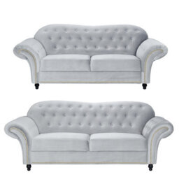 Lyon Chesterfield Style French Velvet Silver Fabric 3 + 2 Seater Sofa - thumbnail 2