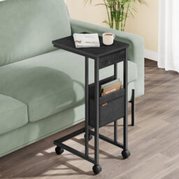 C-Shaped Side Table, Bedside Table, End Table, With Fabric Storage Bag, Adjustable Feet And Swivel Castors, Ebony Black