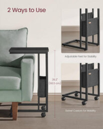 C-Shaped Side Table, Bedside Table, End Table, With Fabric Storage Bag, Adjustable Feet And Swivel Castors, Ebony Black - thumbnail 3