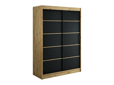 Arte Leto T Contemporary 2 Sliding Door Wardrobe 5 Shelves 2 Rails Black Matt And Oak Artisan Effect (H)2000mm (W)1500mm (D)620mm - image 1