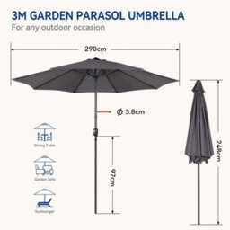 3M 8 Ribs Gray Patio Parasol Tilt Sun Shade Umbrella - thumbnail 2