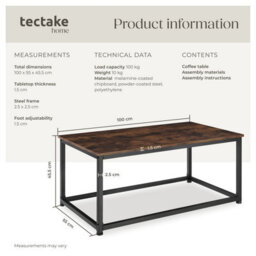 Tectake Coffee Table - Rectangular With Height-Adjustable Plastic Feet  -  Industrial Wood Dark, Rustic - thumbnail 6